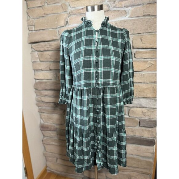Ann Taylor LOFT Plaid Ruffle Button Swing Dress in Spring Pine Womens S Green - Picture 3 of 12
